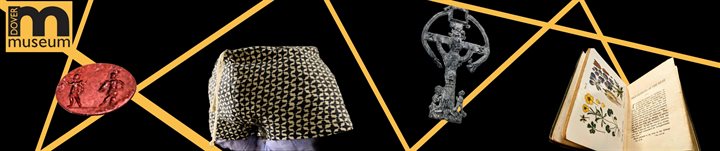 A selection of museum objects on a black background with yellow geometric lines criss-crossing it. Dover Museum's logo is in the top corner, in black on a yellow background.   The objects from left-to-right are;  An engraved red gemstone - the images are hard to make out but they look like two warriors in combat.   A pair of swimming shorts with light fabric patterned with dark diamond shapes. The tie-up laces for the waist dangle from the front.   A dark metal ornament showing Christ on the cross. Likely lead or pewter, there is a rounded shape around the top section of cross and two figures clung to the bottom.   A book, the text is indecipherable but an image plate on one page shows colourful pictures of flowers.